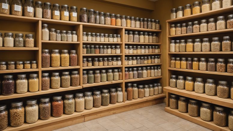 Intérieur d'une épicerie en vrac avec bocaux de céréales et légumineuses