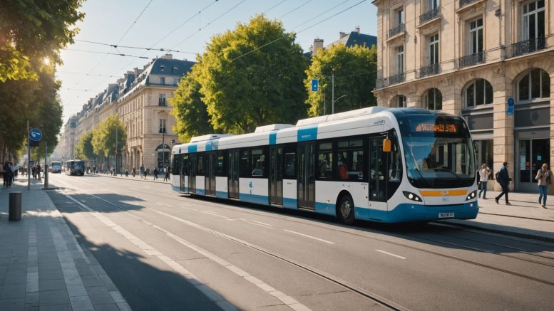 Station de tramway et de bus dans une ville française en fin d'été