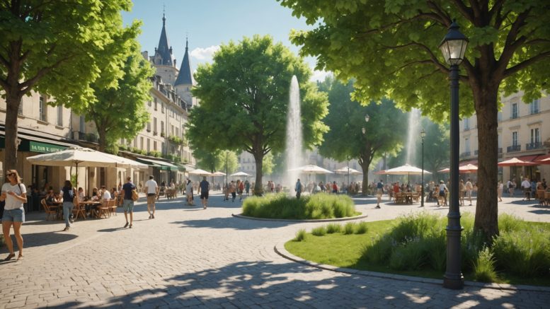 Parc ombragé végétalisé avec brumisateur dans une ville française contre la canicule