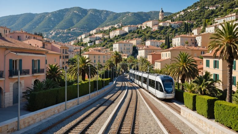 Illustration d'un tramway moderne circulant dans un paysage urbain méditerranéen près de Nice