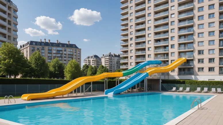 Piscine moderne et immeubles résidentiels rénovés dans un quartier français