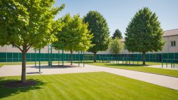 Cour d'école végétalisée avec arbres et espace de jeux, illustration de la rentrée scolaire à Angers