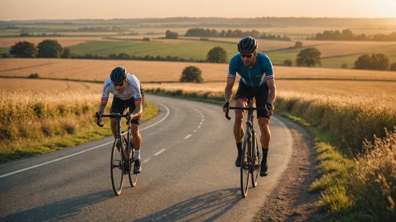 Cycliste roulant sur un vélo d'endurance sur une route de campagne au lever du soleil