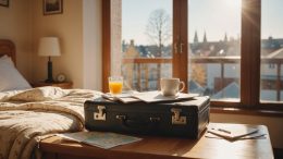 Chambre d'hôtel cosy avec valise et carte de voyage, ambiance week-end pas cher