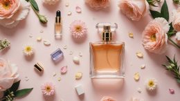 Flacon de parfum femme entouré de fleurs pastel