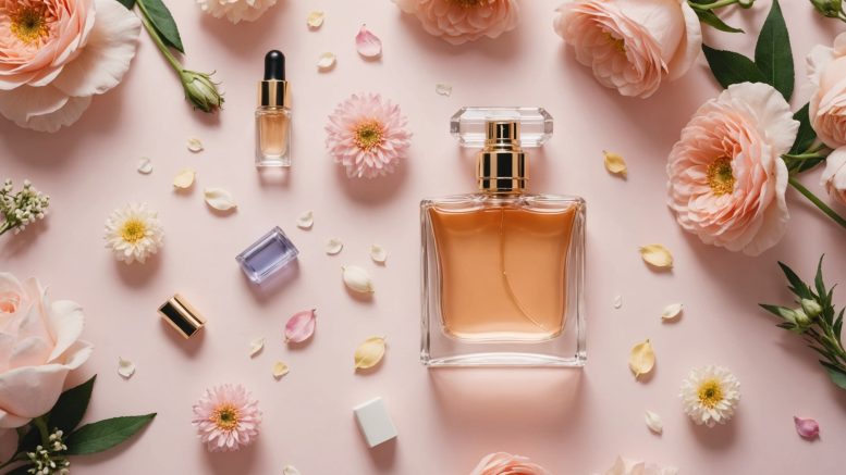 Flacon de parfum femme entouré de fleurs pastel