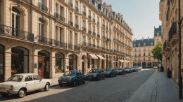 Rue de centre-ville française avec parking en ouvrage et voitures garées