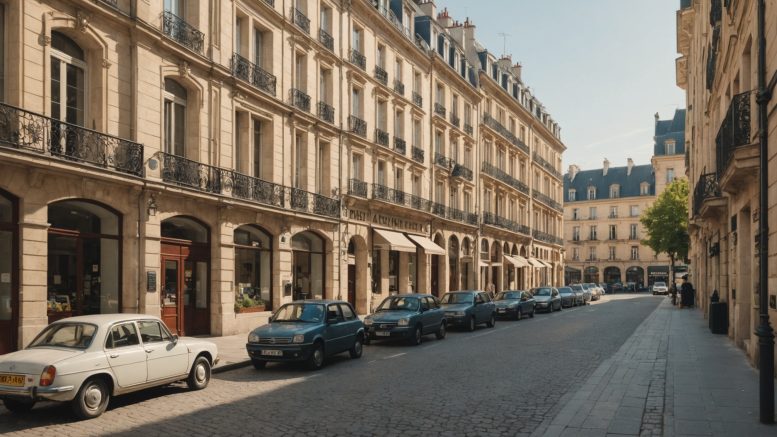 Rue de centre-ville française avec parking en ouvrage et voitures garées