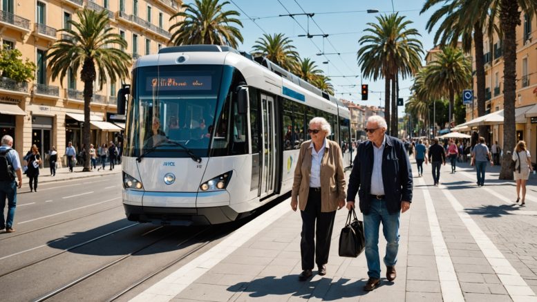 Couple de seniors montant dans un tramway du réseau Lignes d'Azur à Nice