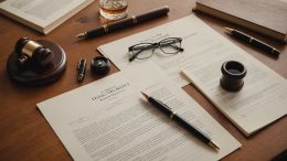 Documents juridiques, un marteau de justice miniature et un stylo sur un bureau, symbole de la protection juridique