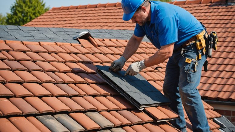 Couvreur professionnel posant des tuiles sur une toiture en rénovation